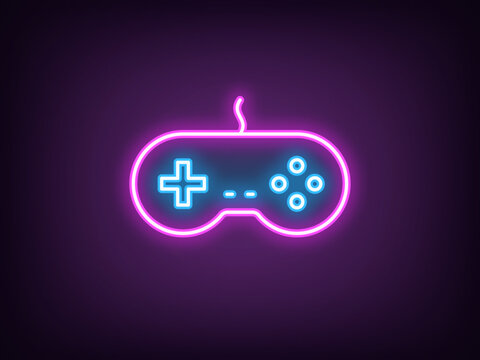 Outline neon retro gamepad, magenta blue. Neon retro joystick for arcade games, videogame station controller. Vintage gamepad, retro computer games, play console, cybersport club. Vector