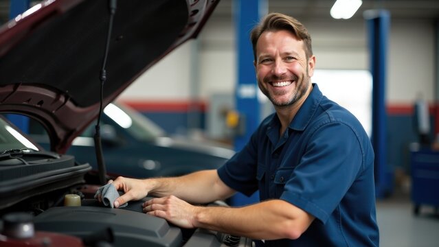 A person tinkering with a vehicle's engine in a well-lit garage