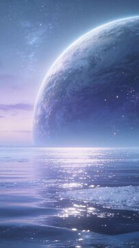 Vertical video: Shifting light showing crescent world glowing above alien dawn coast, rippling sea