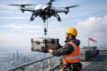 Fototapeta premium Industrial worker wearing safety equipment on a high rise rooftop is carefully receiving a heavy package box being delivered by a flying autonomous cargo drone over a city skyline