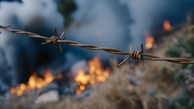 Tight macro shot of arcs of electricity bridging a small gap between two frayed wires, fiery embers surrounding the contact point, dense smoke rising in dramatic curls, copper stra