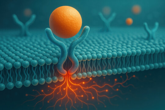Microscopic biomedical illustration showing powerful ligand receptor binding on phospholipid cell membrane, initiating vibrant intracellular cascade for cellular communication