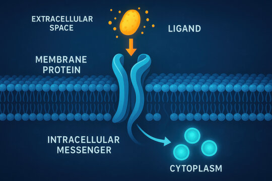 Membrane protein signaling pathway biology concept. An extracellular ligand attachment triggers release of an intracellular messenger for cell communication and response