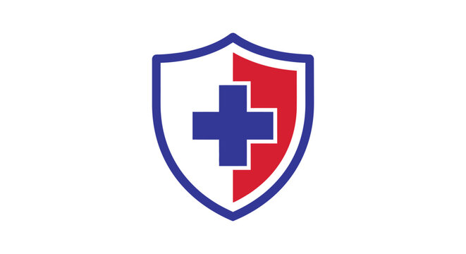 A medical shield logo with a blue cross on a white and red background