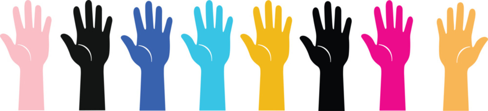 Diverse hands raised in air for voting or support colorful array vector.