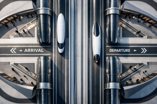 Modern hyperloop pods arriving and departing at a high speed transit terminal, accommodating passengers moving through its efficient, sleek architecture, symbolizing advanced technological progress