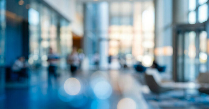 Softly blurred modern office interior filled with natural light, featuring glass walls, tall columns, and indistinct figures moving through a spacious corporate lobby atmosphere.