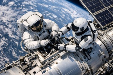 Fototapeta premium Astronaut and humanoid robot perform external maintenance on a space station module above Earth, highlighting collaboration, advanced technology and human driven space exploration