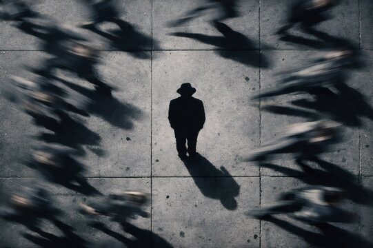 Man's shadow experiencing stillness and individualism amidst a blur of anonymous, fast moving people on a concrete sidewalk, highlighting concepts of urban isolation and the different paces of life