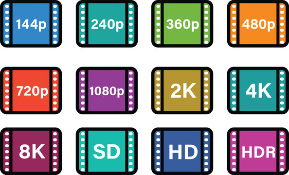 Vector set of video resolution icons illustrating display quality standards including SD, HD, 2K, 4K, 8K, and p formats, essential for multimedia, streaming, and digital media concepts.