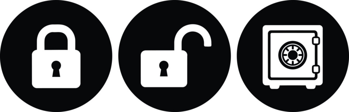 Security icons set with locked padlock, unlocked padlock, and safe in black circular design for digital protection concepts