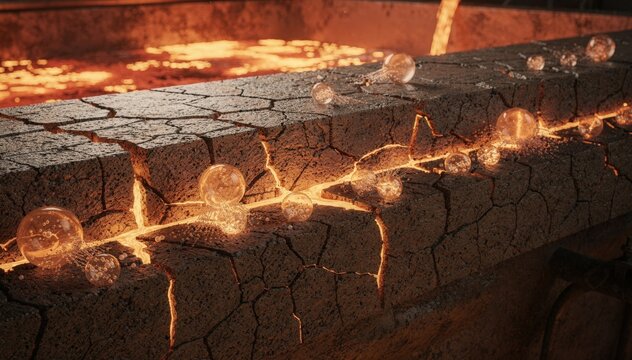 Detailed medium shot of selfrepairing refractory tiles inside a tundish capturing microcapsules releasing healing agents to fix heatinduced cracks in continuous steel casting