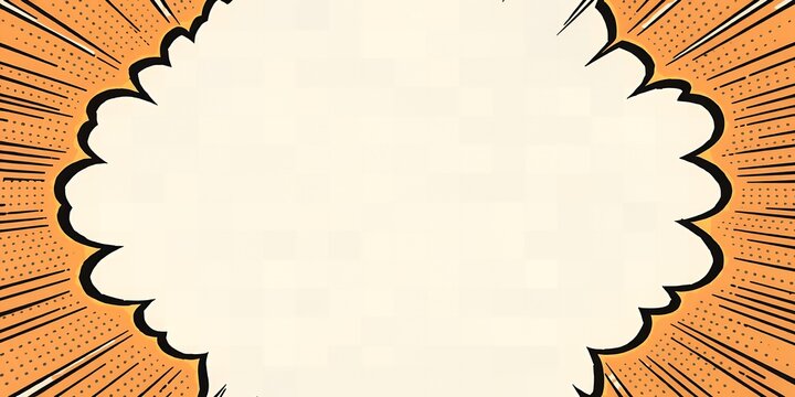 A comic book style speech bubble with a white interior and black outline on an orange background with black lines and dots