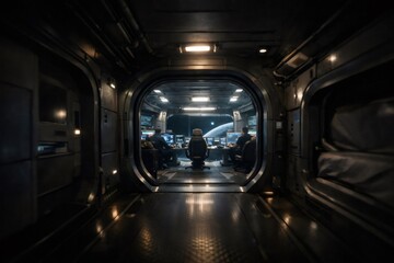 Fototapeta premium Interior corridor leading into a futuristic control room where three crew members monitor screens and a distant planet, emphasizing space exploration and advanced technology
