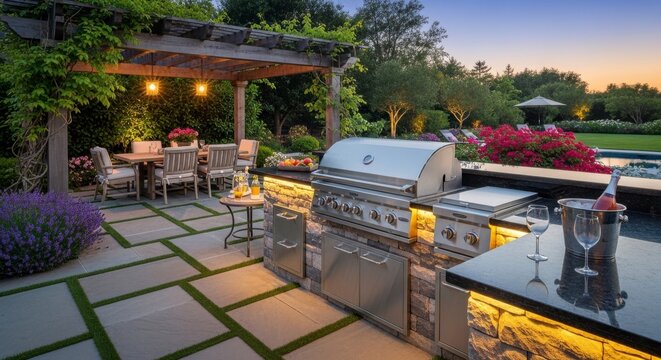 A luxurious outdoor kitchen and dining area with a grill and patio set in a beautifully landscaped garden at dusk
