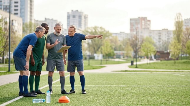 Group of mature male soccer players gathered on park touchline