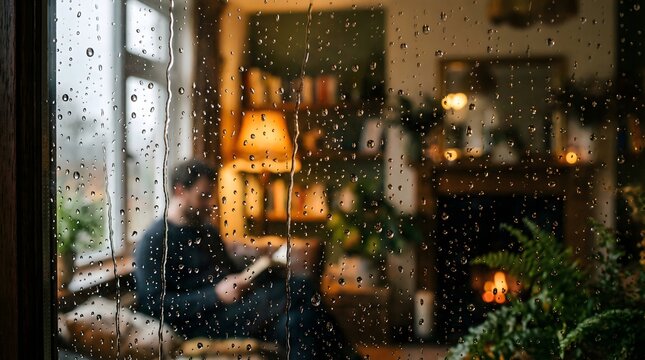 A Cozy Reading Scene on a Rainy Day with Soft Warm Lighting