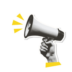 Halftone megaphone held by hand - vintage collage sticker element. Trendy retro 90s pop art style vector illustration with yellow sound waves and die-cut edge. ©  Mariya Primakina