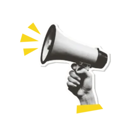 Fotobehang Pop Art Halftone megaphone held by hand - vintage collage sticker element. Trendy retro 90s pop art style vector illustration with yellow sound waves and die-cut edge.  ©  Mariya Primakina