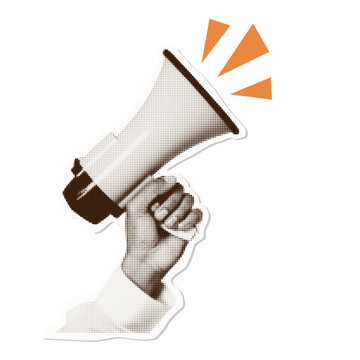 Isolated halftone loudspeaker sticker on transparent background. Retro pop art megaphone collage element with orange sound waves.