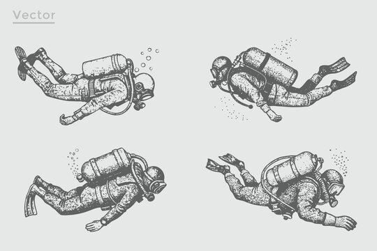 Diver in Vintage Engraving Style illustration. Realistic Diver vintage stippling photocopy effect. Grunge Retro The concept of sport diving.