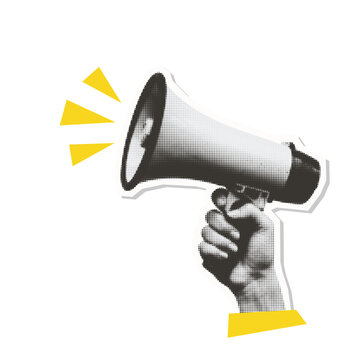 Halftone megaphone held by hand - vintage collage sticker element. Trendy retro 90s pop art style vector illustration with yellow sound waves and die-cut edge.