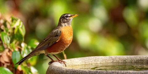 Fototapeta premium The American Robin Perched on a Garden Birdbath with Soft Green Bokeh Background