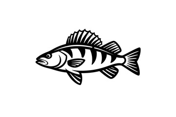 Fototapeta premium Black and white illustration of a striped fish with fins and tail swimming left on plain background
