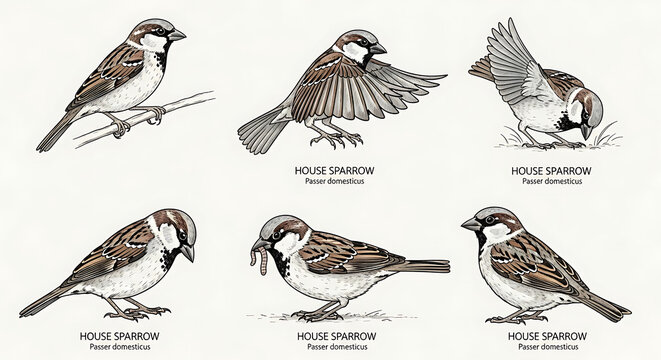 House Sparrow, bird illustrations, six poses, brown and white, wildlife graphics