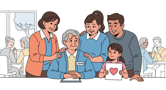 Family showing affection to elderly man named John illustration isolated on white background