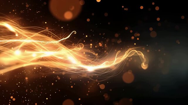 Abstract light wave golden glow bokeh energy motion swirl sparkle dance across dark background, luminous lines and particles flow in warm dynamic patterns, radiant cinematic fantasy mood