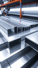 Fototapeta premium Close-up of shiny, rectangular metal bars in industrial storage