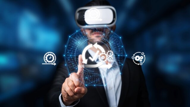 A businessman engages with a virtual reality interface, showcasing technology symbols that represent innovation and development in a future-driven workspace. Raster