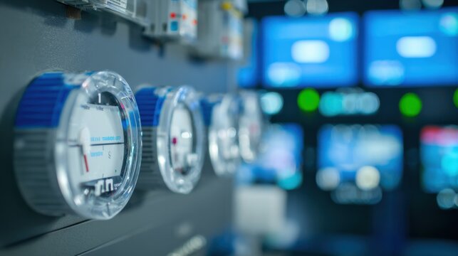Closeup medium shot highlighting smart energy meters on a panel with blurred background of a control room showing precise data readings from an IoT energy management hub.