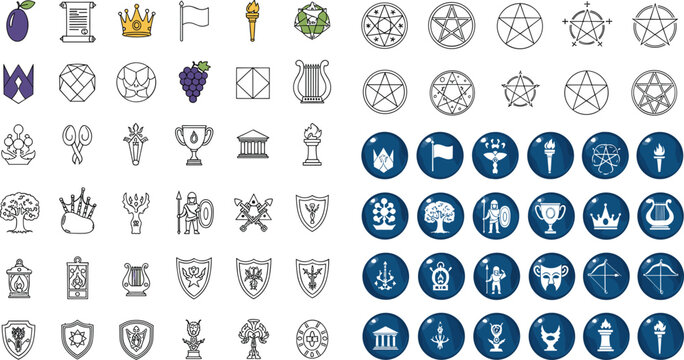 Medieval fantasy icons set featuring ancient scrolls crowns shields pentagram symbols warrior characters harps and mystical torches for game interface design vector collection.