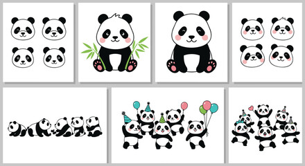 Cute giant panda bear character set featuring party celebration with balloons bamboo leaves and various baby panda expressions vector illustration © MDFiroj