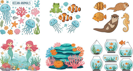 Ocean animals and underwater world vector set featuring cute jellyfish mermaids otters clownfish coral reefs sea shells and decorative aquariums for marine life illustration. © MDFiroj