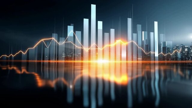 Finance market trading investment data analytics chart graph skyline city at night, glowing orange line over rising column, skyscraper reflection on water, futuristic urban background, trend shift