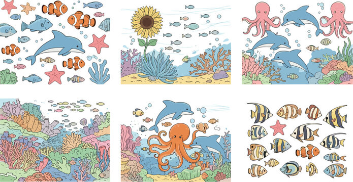 Underwater marine life vector set featuring dolphins octopus clownfish coral reefs sea stars and tropical fish for ocean environment illustration collection.