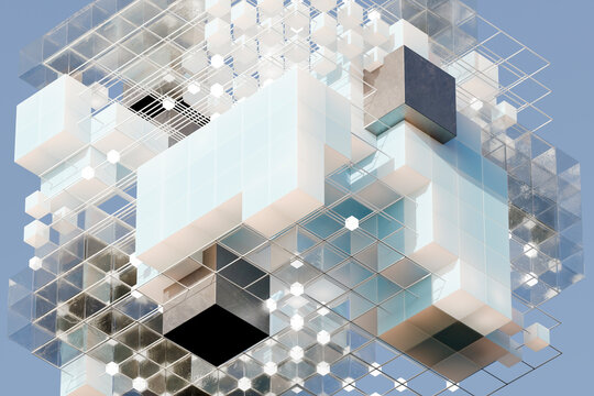3D modular glass network with floating cube architecture