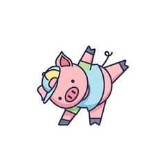 Naklejka premium A charming, cartoon illustration of a pig in casual attire, arms up, wearing a cap