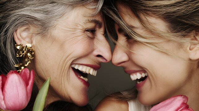 Smiling mother and daughter sharing an emotional bond holding pink tulips. Healthy skin and natural beauty across generations. Ideal for family wellness and skincare marketing.