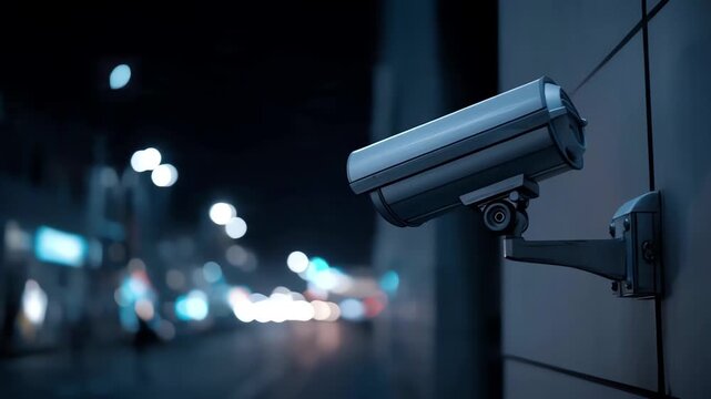 Modern Security Camera Monitoring City Street at Night