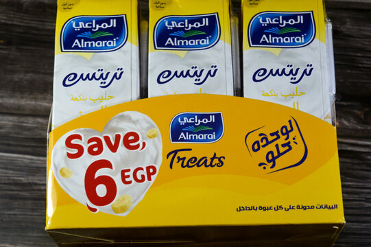 Cairo, Egypt, April 4 2026: Banana Flavored Almarai Milk, a creamy, UHT-treated dairy beverage packaged in convenient 200ml bottles, known for its sweet, ripe banana taste
