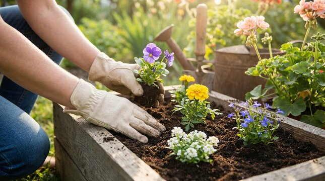 A person's gloved hands planting vibrant purple pansies into a rustic wooden raised garden bed. The planter is already filled with yellow marigolds and delicate white sweet alyssum, bathed in the soft