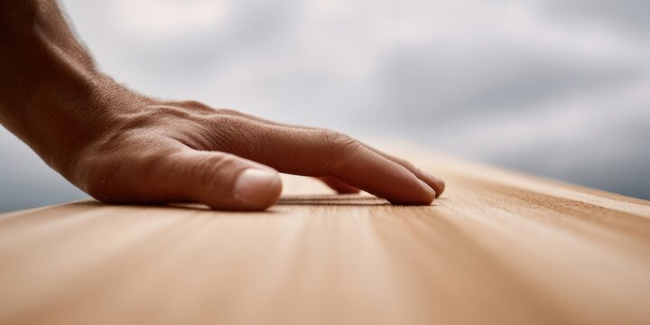 The Surfboard and Hand Gliding Over Wood Texture Before Paddling Out to Sea
