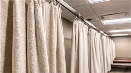 Fototapeta premium Medium shot of dense soundproof curtains pulled partially closed in a new therapy room build curtains crisply in focus against outoffocus treatment area.