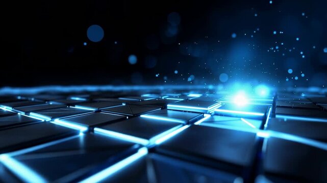 Futuristic technology digital neon blue grid tile glow abstract three dimensional pulses across surface, light trails sparkle, cyber network pattern, virtual circuit vibe, dynamic energy reflection
