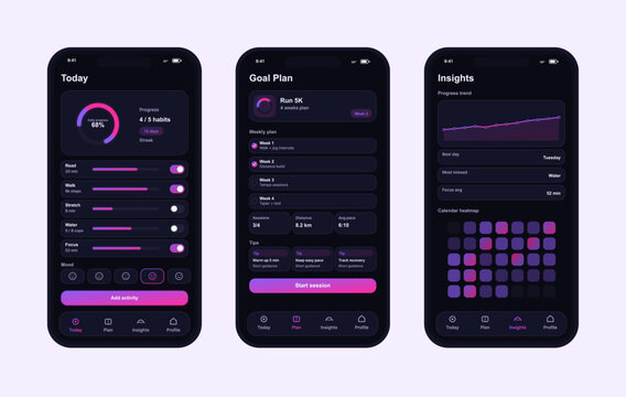 Fitness Habit Tracker Mobile App UI in Dark Mode. Dark-mode fitness and habit tracker mobile app UI featuring daily progress, running plans, mood logging, weekly goals, insights, charts. Vector App