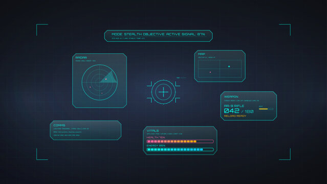 Futuristic Tactical HUD Interface with Radar and Vitals. Sci-fi tactical HUD interface with radar, map, crosshair, weapon status and vitals panels. Cyberpunk helmet or glass view. FUI cockpit. Vector